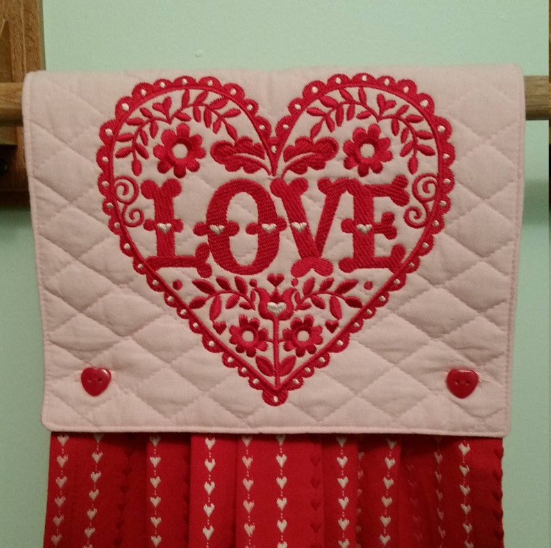 Lacy valentine embroidered kitchen towel in red/pink image 3