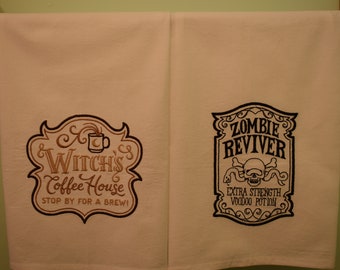 vintage-style Halloween embroidered kitchen towels witches zombies