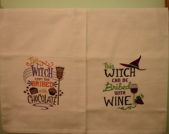 vintage-style embroidered kitchen towels Halloween witches