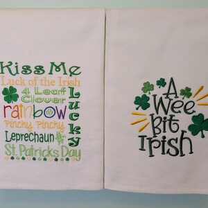 Paños de cocina bordados para el Día de San Patricio, olla de oro con trébol irlandés, toallas de tela de saco de harina de estilo antiguo.