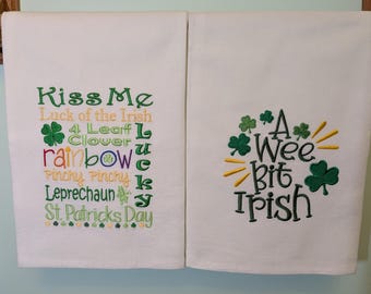 St. Patrick's Day embroidered kitchen owels Irish shamrock pot of gold old-fashioned flour-sack towels