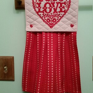 Lacy valentine embroidered kitchen towel in red/pink image 2