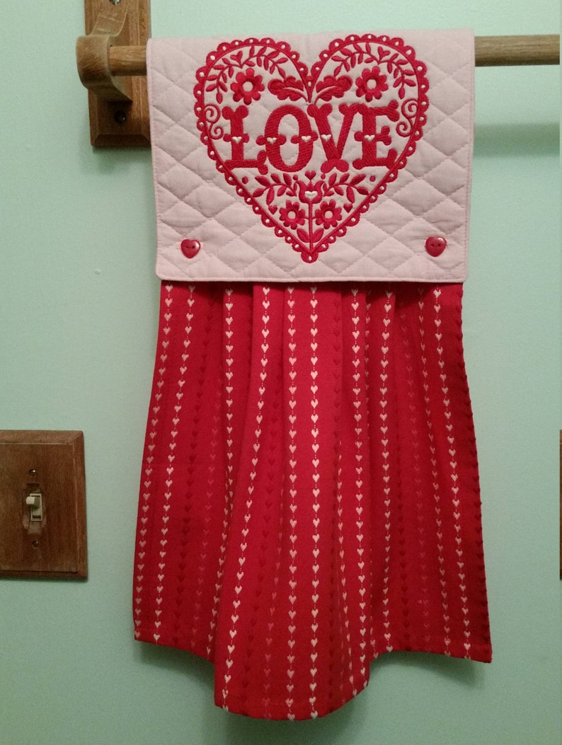 Lacy valentine embroidered kitchen towel in red/pink image 2