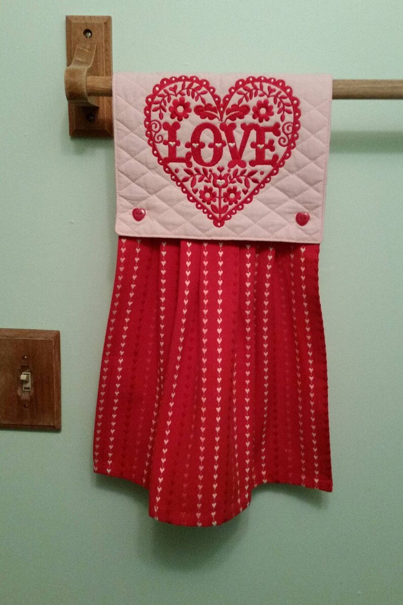 Lacy valentine embroidered kitchen towel in red/pink image 1