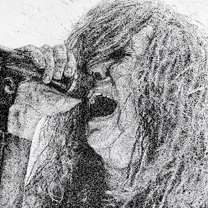 May include: Black and white stipple drawing of a woman singing into a microphone. The drawing is titled "LAURA JANE GRACE" by Joe Ziegler.