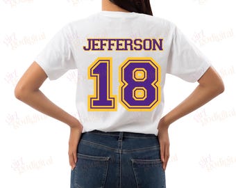 Justin Jefferson voetbalspel ontwerpbestand, voetbal T-shirt ontwerp, sjabloon, perfect voor sublimatie of DTF Vikings achterkant van jerseybundel