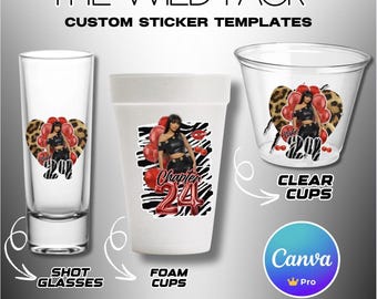 Foam Cup Sticker Design template, Shot Glass Sticker Template, Design for Cups, Cup Design Template Editable in Canva,Cheetah Zebra Theme,