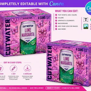 May include: A digital template for a Cutwater Lime Margarita 4-pack box, featuring a pink, glittery aesthetic with butterflies, a handbag, and a crown. The design includes text fields for editing, instructions for Canva, and product details.