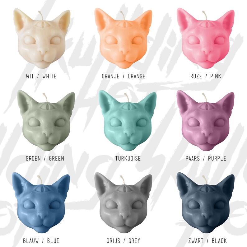 Puede incluir: Nueve velas con forma de cabeza de gato en varios colores, incluyendo blanco, naranja, rosa, verde, turquesa, morado, azul, gris y negro. Cada vela tiene un tercer ojo en la frente.