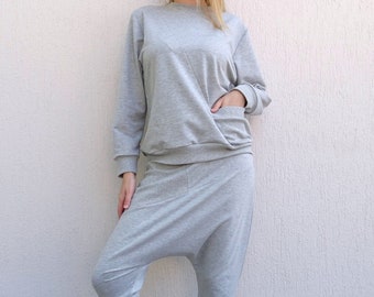 Womens Two Parts Set/Sweatshirt Pants Set/Harem Pants/Oversize Sweatshirt/Drop Crotch Pants/Long Sleeve Top/Asymmetric Sweatshirt/YANORA