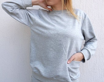 Womens Streetwear/Sports Shirt/Oversize Sweatshirt/Casual Top/Long Sleeve Top/Cotton Shirt/Asymmetric Sweatshirt/Women Sportwear/YANORA