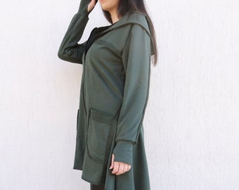 Hooded Coat/Asymmetric Coat/Zip Hoodie Coat/Cotton Coat/Long Coat/Long Hooded Sweatshirt/Long Sleeve Coat/YANORA