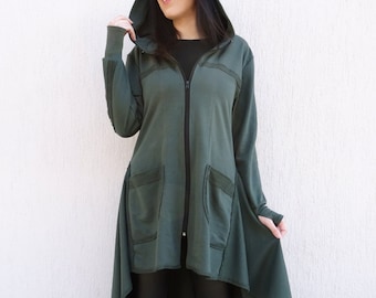 Asymmetric Coat/Hooded Coat/Long Sleeve Coat/Cotton Coat/Zip Hoodie Coat/Long Coat/Long Hooded Sweatshirt/YANORA