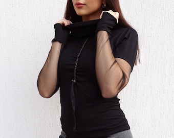 Black Women Top/Long Sleeve Fitted Top/Extravagant Top/Thumb Hole Sleeve Top/Black Tulle Top/Plus Size Top/Turtleneck Top/YANORA