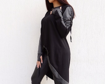 Extravagant Tunic/Black Women Tunic/Plus Size Tunic/Casual Tunic/Thumb Hole Sleeve Tunic/Comfy Tunic/Asymmetric Tunic/YANORA