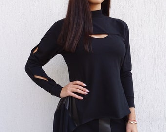 Asymmetric Tunic/Black Women Tunic/Extravagant Tunic/Plus Size Tunic/Cotton Tunic/Tunic Dress/Gothic Tunic/Long Sleeve Tunic/YANORA