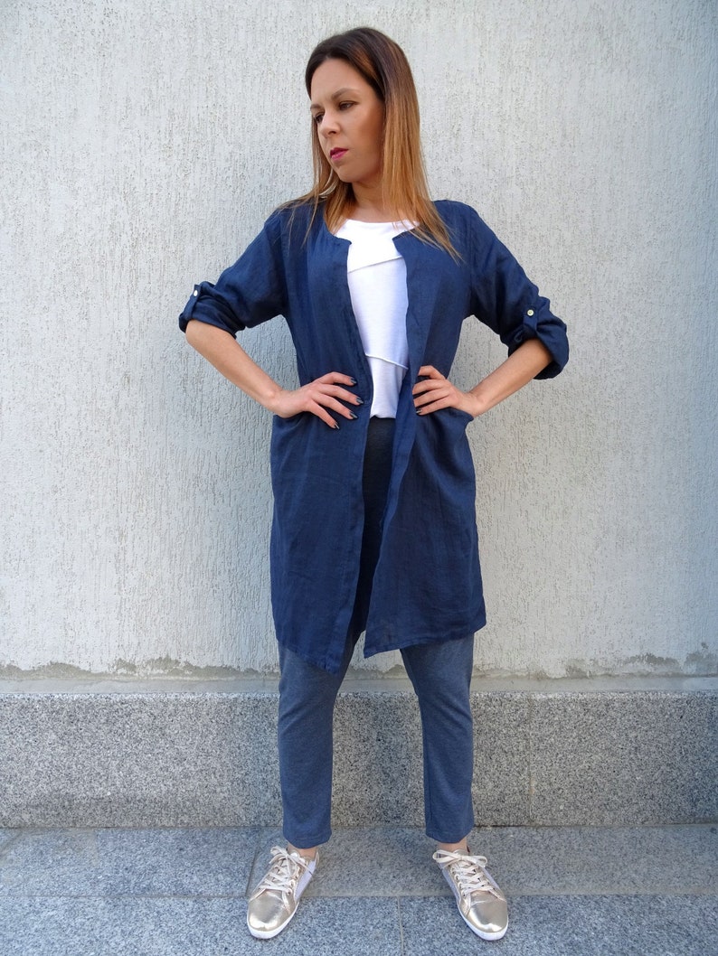 Oversize Coat/Linen Coat/Plus Size Coat/Women Coat/Long Coat/Blue Coat/Coat With Pockets/Trench Coat/Long Sleeve Coat/Loose Coat/YANORA image 3