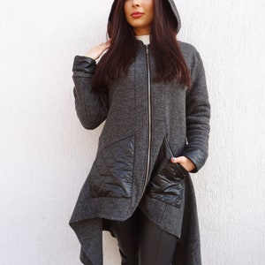 Asymmetric Women Coat/Hooded Coat/Wool Jacket/Long Sleeve Coat/Trench Coat/Warm Zipper Coat/Long Jacket/Casual Coat/YANORA image 7