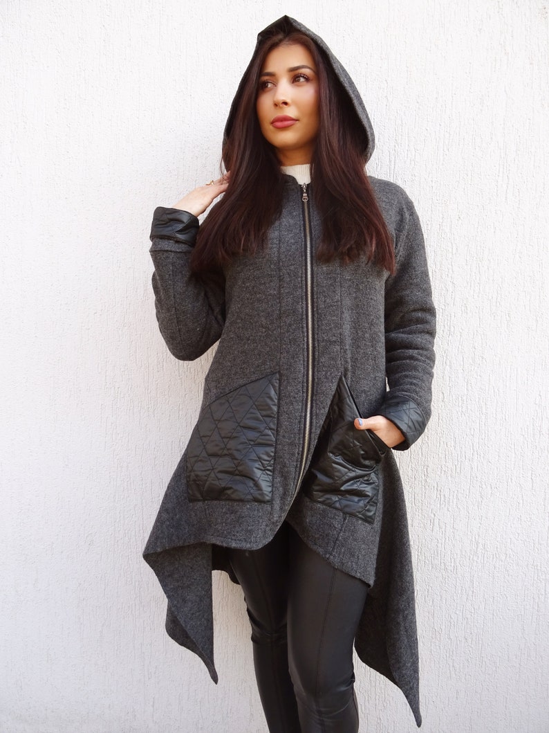 Asymmetric Women Coat/Hooded Coat/Wool Jacket/Long Sleeve Coat/Trench Coat/Warm Zipper Coat/Long Jacket/Casual Coat/YANORA image 7