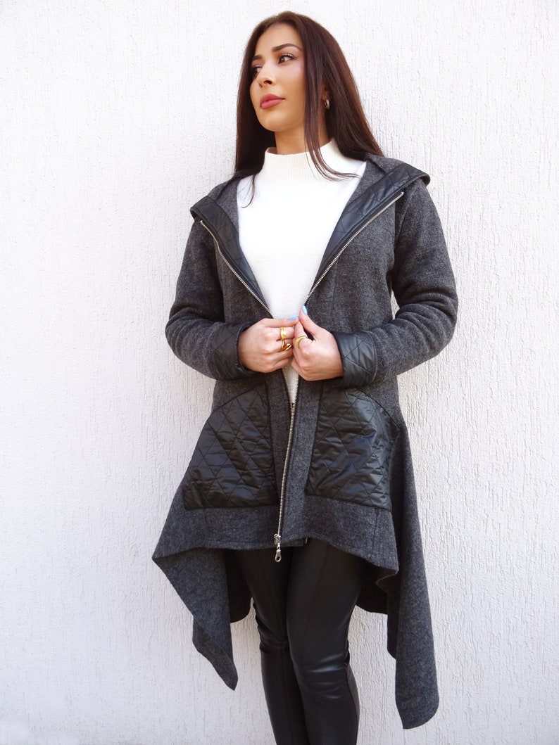 Asymmetric Women Coat/Hooded Coat/Wool Jacket/Long Sleeve Coat/Trench Coat/Warm Zipper Coat/Long Jacket/Casual Coat/YANORA image 1