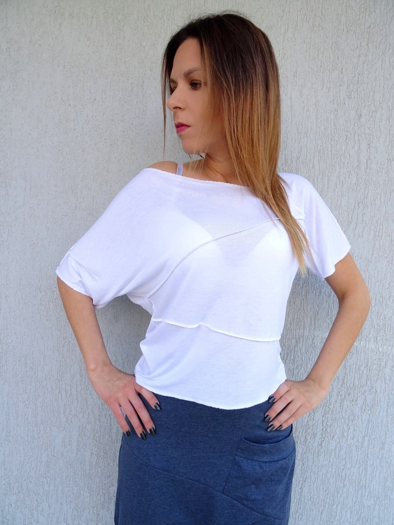 White Top/Asymmetric Top/Short Sleeve Top/Plus Size Top/Oversize Top/Womens Top/Casual Blouse/Summer Blouse/Extravagant Top/Loose Top/YANORA image 1