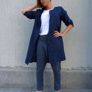 Oversize Coat/Linen Coat/Plus Size Coat/Women Coat/Long Coat/Blue Coat/Coat With Pockets/Trench Coat/Long Sleeve Coat/Loose Coat/YANORA image 5