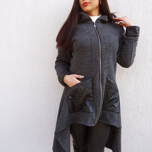 Asymmetric Women Coat/Hooded Coat/Wool Jacket/Long Sleeve Coat/Trench Coat/Warm Zipper Coat/Long Jacket/Casual Coat/YANORA image 3