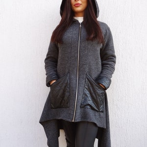 Asymmetric Women Coat/Hooded Coat/Wool Jacket/Long Sleeve Coat/Trench Coat/Warm Zipper Coat/Long Jacket/Casual Coat/YANORA image 8