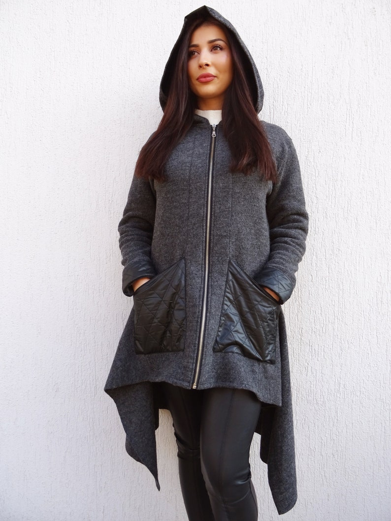 Asymmetric Women Coat/Hooded Coat/Wool Jacket/Long Sleeve Coat/Trench Coat/Warm Zipper Coat/Long Jacket/Casual Coat/YANORA image 8