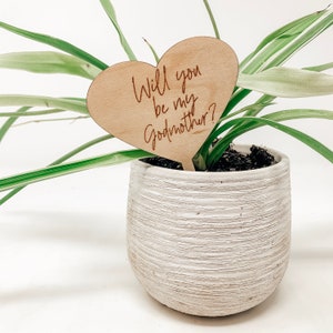 Puede incluir: Un cartel de madera en forma de coraz&oacute;n con el texto "&iquest;Quieres ser mi madrina?" El cartel est&aacute; clavado en la tierra de una planta en maceta.
