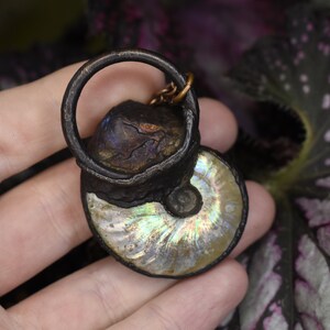 Puede incluir: Un colgante de f&oacute;sil de amonita plateado e iridiscente con un anillo y una cadena de bronce. El colgante se sostiene en una mano sobre un fondo oscuro.