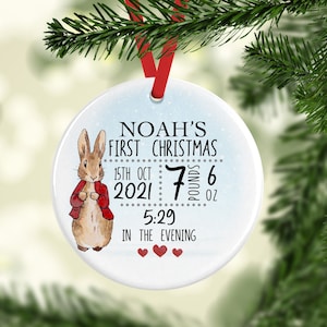 Personalised Baby's First Christmas Bunny Stats Ceramic Decoration - Baby 1st Christmas Bauble - Newborn Christmas Decoration