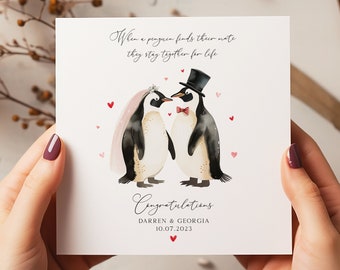 Personalised Wedding Penguin Card - Wedding Day Card - Wedding Card - Mr & Mrs Card - Newlyweds Bride and Groom - Newlyweds - C129