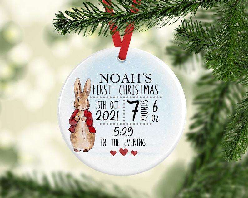 Personalised Baby's First Christmas Bunny Stats Ceramic Decoration - Baby 1st Christmas Bauble - Newborn Christmas Decoration 