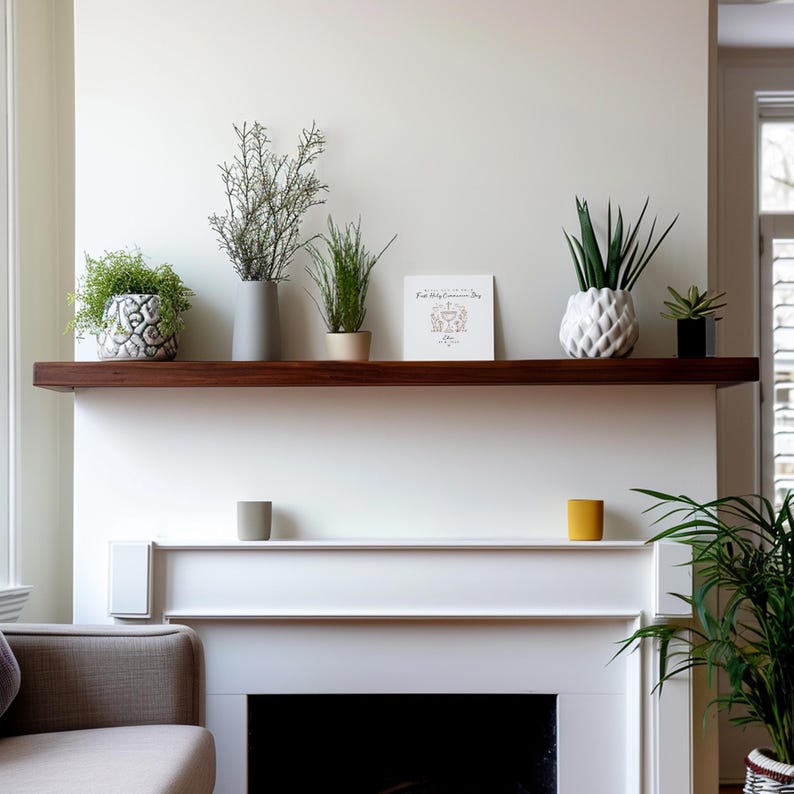 May include: A white fireplace mantel with a wooden shelf. The shelf is decorated with potted plants, a framed print with the text "Find What Makes You Smile", and a yellow candle.