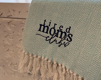 Embroidered Tired Moms Club Blanket, Waffle or Chevron Texture Throw