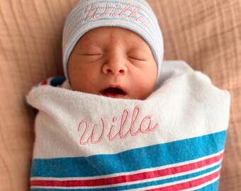 Personalized Baby Hat & Receiving Blanket Set, Custom Newborn Hat, Hospital Coming Home Outfit, Baby Shower Gift, Personalized Newborn Hat