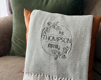 Embroidered Family Name Throw Blanket, Chevron Texture, Housewarming Wedding Gift