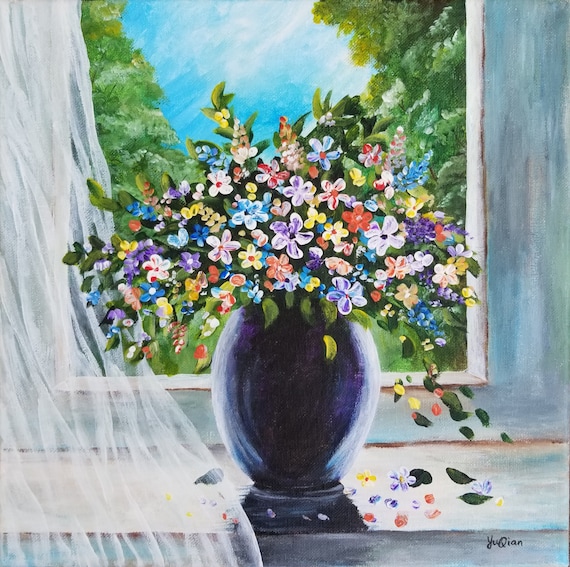 Flowers On The Windowsill Original Acrylic Painting 12x12 Etsy