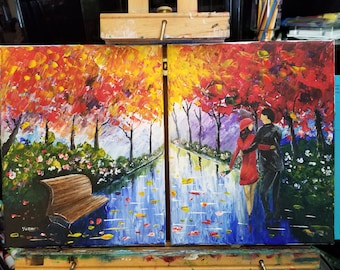 May include: A painting of a couple walking through a park with fall foliage. The trees are painted in shades of red, orange, and yellow. The couple is walking hand-in-hand, and the woman is wearing a red dress. The painting is on a canvas and is framed.