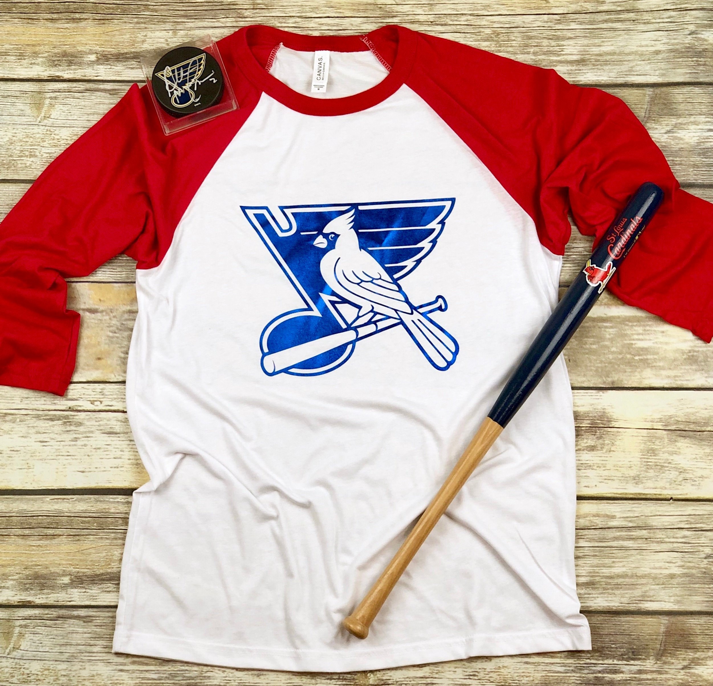 St. Louis Blues and Cardinals Mash-up/Combo Next Level CVC T-Shirt- STL  Sports- Rainbow- Rose Gold- Metallic Blue- 2T- 3X Adult