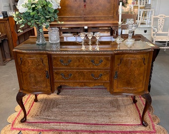 Vintage 1950’s Burr Walnut and Glass Sideboard - Ornately carved with cabriole legs - Beautiful piece