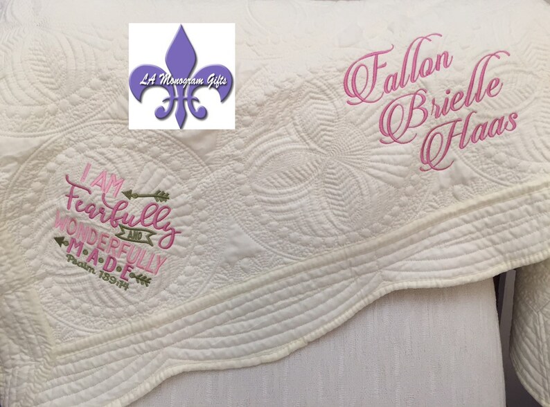 Baby Blanket Christening Gift Baby Shower Gift Personalized 100/% Cotton White Crib Quilt with Colored Trim