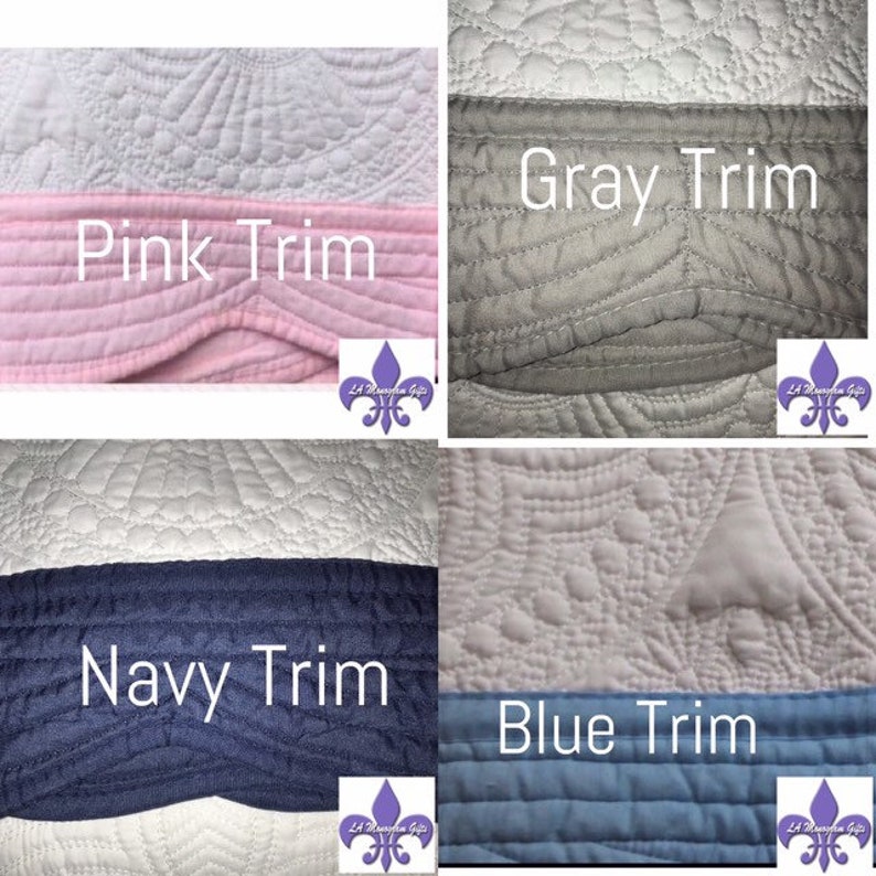 Baby Blanket Christening Gift Baby Shower Gift Personalized 100/% Cotton White Crib Quilt with Colored Trim