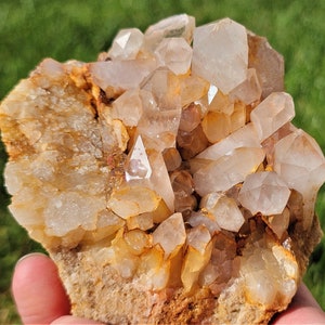 May include: A cluster of clear quartz crystals with a light brown, earthy matrix. The crystals are clustered together in a natural formation, with some of the crystals pointing upwards.