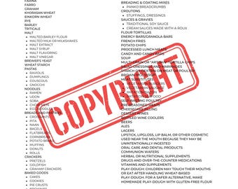 May include: A detailed list of foods containing gluten, such as wheat, barley, and rye, organised into categories like grains, pastas, and baked goods. Includes breakfast items, sauces, and other products. A red "COPYRIGHT" stamp is visible.