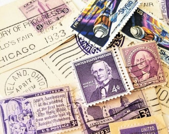 Assorted Used Vintage Postage Stamps / Purple Postage Stamps / Canceled Stamps