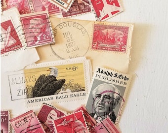 Assorted Used Vintage Postage Stamps / Red Postage Stamps / Canceled Stamps