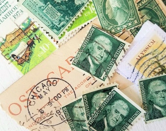 Assorted Used Vintage Postage Stamps / Green Postage Stamps / Canceled Stamps