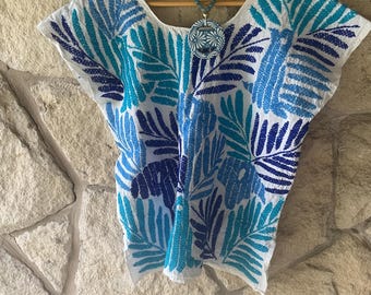 Oaxacan Palmita blouse size: s-m in shades of blue hand embroidered